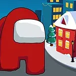 Un personaje rojo en un entorno invernal con casas cubiertas de nieve y luces en el fondo