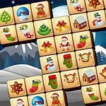 Fichas de juego con imágenes de Navidad como árboles, muñecos de nieve y regalos sobre un fondo invernal con montañas y árboles nevados
