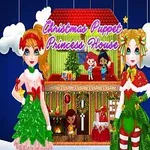 Dos muñecas vestidas con trajes navideños frente a una casa de juguete decorada con temática de Navidad y estrellas brillando en el fondo