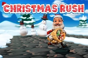 Papá Noel corriendo sobre un camino empedrado mientras sostiene un saco lleno de regalos, seguido por muñecos de nieve con sombreros