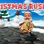 Papá Noel corriendo sobre un camino empedrado mientras sostiene un saco lleno de regalos, seguido por muñecos de nieve con sombreros