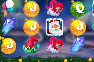 Símbolos navideños como esferas, cristales, y sombreros de Santa Claus en un fondo azul festivo