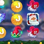 Símbolos navideños como esferas, cristales, y sombreros de Santa Claus en un fondo azul festivo