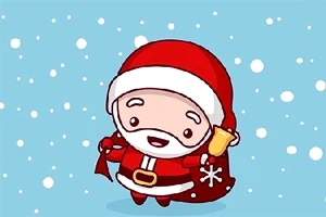Dibujo animado de Santa Claus sonriente con traje rojo, campana dorada y fondo nevado