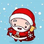 Dibujo animado de Santa Claus sonriente con traje rojo, campana dorada y fondo nevado