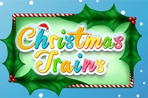 Texto colorido Christmas Trains con decoración navideña de hojas de acebo y gorro de Santa Claus