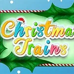 Texto colorido Christmas Trains con decoración navideña de hojas de acebo y gorro de Santa Claus