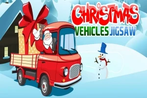 Santa Claus conduciendo un camión rojo con un gran regalo en la parte trasera, acompañado de un muñeco de nieve y una cabaña nevada de fondo
