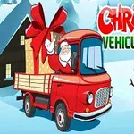 Santa Claus conduciendo un camión rojo con un gran regalo en la parte trasera, acompañado de un muñeco de nieve y una cabaña nevada de fondo