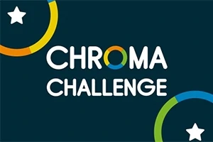 Texto Chroma Challenge en un fondo azul oscuro con colores circulares y estrellas blancas en las esquinas