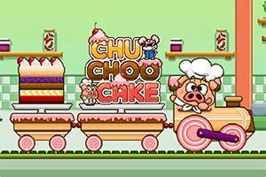 Un tren pastelero con un cerdito chef, transportando un gran pastel y letras coloridas en un fondo de cocina