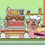 Un tren pastelero con un cerdito chef, transportando un gran pastel y letras coloridas en un fondo de cocina