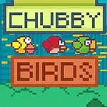 Dibujo pixelado de tres pájaros coloridos volando sobre un fondo urbano con rótulos que dicen CHUBBY BIRDS