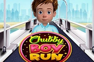 Niño de cabello castaño en una cinta de correr con un letrero colorido enfrente que dice Chubby Boy Run, y una ciudad al fondo