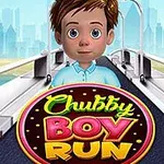 Niño de cabello castaño en una cinta de correr con un letrero colorido enfrente que dice Chubby Boy Run, y una ciudad al fondo