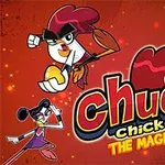 Tres personajes de dibujos animados, un gallo con un huevo, un ratón volador y una mujer luchadora, sobre un fondo rojo con el texto Chuck Chicken The Magic Egg