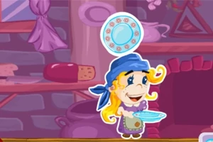 Personaje animado rubio usando pañuelo azul, sosteniendo platos en una cocina caricaturesca con tonos morados