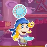 Personaje animado rubio usando pañuelo azul, sosteniendo platos en una cocina caricaturesca con tonos morados