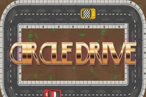 Vista aérea de una pista de carreras ovalada con dos autos, uno amarillo y otro rojo, y el texto CIRCLE DRIVE en el centro