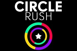 Círculos coloridos concéntricos con una estrella blanca en el centro sobre un fondo negro, acompañados por el texto Circle Rush