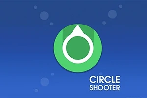 Logotipo verde de un círculo con flecha sobre un fondo azul con texto blanco que dice Circle Shooter
