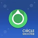 Logotipo verde de un círculo con flecha sobre un fondo azul con texto blanco que dice Circle Shooter