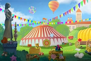 Feria colorida con una gran carpa de rayas rojas y blancas, rodeada de decoraciones y globos, y una estatua en el primer plano