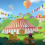 Feria colorida con una gran carpa de rayas rojas y blancas, rodeada de decoraciones y globos, y una estatua en el primer plano