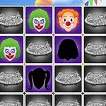 Cuatro caras de payasos coloridos se intercalan con otras cartas ocultas y siluetas sobre un fondo festivo
