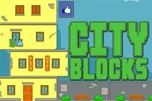 Edificio amarillo de bloques con ventanas y un letrero rojo que dice BLOCK HOTEL junto a las palabras grandes CITY BLOCKS en verde