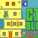 Edificio amarillo de bloques con ventanas y un letrero rojo que dice BLOCK HOTEL junto a las palabras grandes CITY BLOCKS en verde