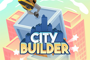 Grúa amarilla colocando un bloque azul sobre un edificio en construcción, con siluetas de rascacielos y texto City Builder en primer plano