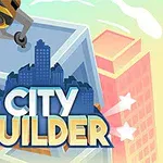 Grúa amarilla colocando un bloque azul sobre un edificio en construcción, con siluetas de rascacielos y texto City Builder en primer plano