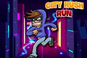Personaje con sudadera azul corriendo por una ciudad futurista iluminada con neones, con el texto City Rush Run arriba