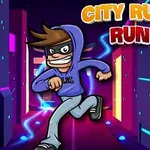 Personaje con sudadera azul corriendo por una ciudad futurista iluminada con neones, con el texto City Rush Run arriba