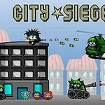 Personajes animados en una batalla urbana con helicóptero, tanque y explosiones en el fondo de una ciudad