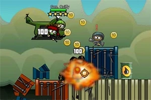 Personajes caricaturescos combatiendo sobre contenedores con explosiones y monedas en el aire