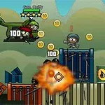 Personajes caricaturescos combatiendo sobre contenedores con explosiones y monedas en el aire