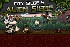 Un robot con casco y armamento se enfrenta a criaturas alienígenas en un ambiente jungla con el título City Siege 4 Alien Siege arriba