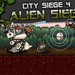 Un robot con casco y armamento se enfrenta a criaturas alienígenas en un ambiente jungla con el título City Siege 4 Alien Siege arriba