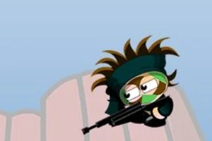 Un personaje animado con cabello puntiagudo y mascarilla verde, sosteniendo un rifle sobre el fondo de un paisaje con cielo azul claro