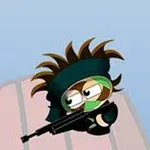 Un personaje animado con cabello puntiagudo y mascarilla verde, sosteniendo un rifle sobre el fondo de un paisaje con cielo azul claro