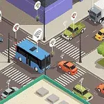 Intersección urbana con vehículos conectados mediante señales inalámbricas, incluyendo un autobús azul y varios automóviles