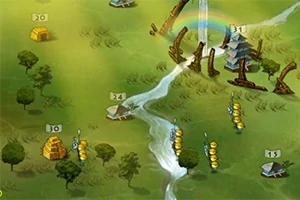 Mapa de fantasía con un río serpenteante, árboles dispersos, edificaciones y figuras alineadas, resaltando un arco iris