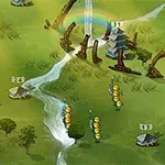 Mapa de fantasía con un río serpenteante, árboles dispersos, edificaciones y figuras alineadas, resaltando un arco iris