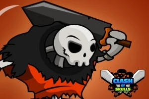 Personaje con apariencia de calavera vestido con una túnica roja y negra, sosteniendo un martillo grande delante de un fondo naranja, con un logotipo en el extremo inferior derecho