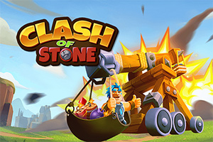 Un personaje con casco azul y barba lanza rocas desde un catapulta de madera, frente al texto Clash of Stone