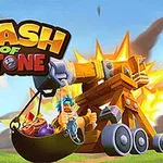 Un personaje con casco azul y barba lanza rocas desde un catapulta de madera, frente al texto Clash of Stone