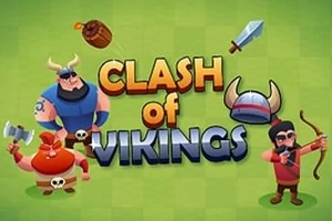 Tres vikingos caricaturizados con armas, junto a un casco y el texto Clash of Vikings sobre un fondo verde