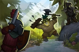 Un monstruo verde con un hacha amenaza a dos personajes en un bosque mientras uno apunta con un arco y flecha y otro sostiene una espada y escudo